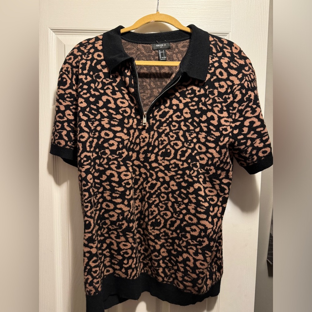Forever 21 Black and Brown Polo Shirt with Animal Print